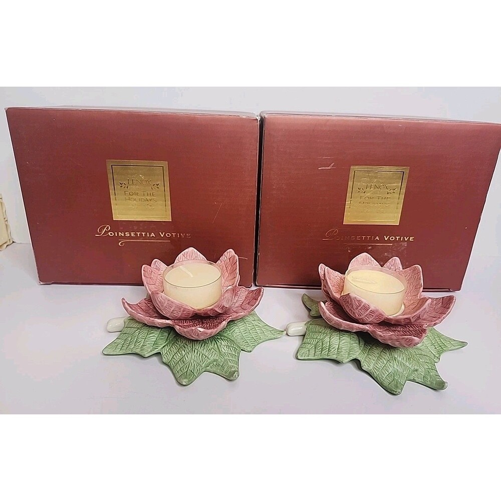 Lot Of 2 Lenox Poinsettia Votive Candle Holder Christmas New in Box Holiday NIB